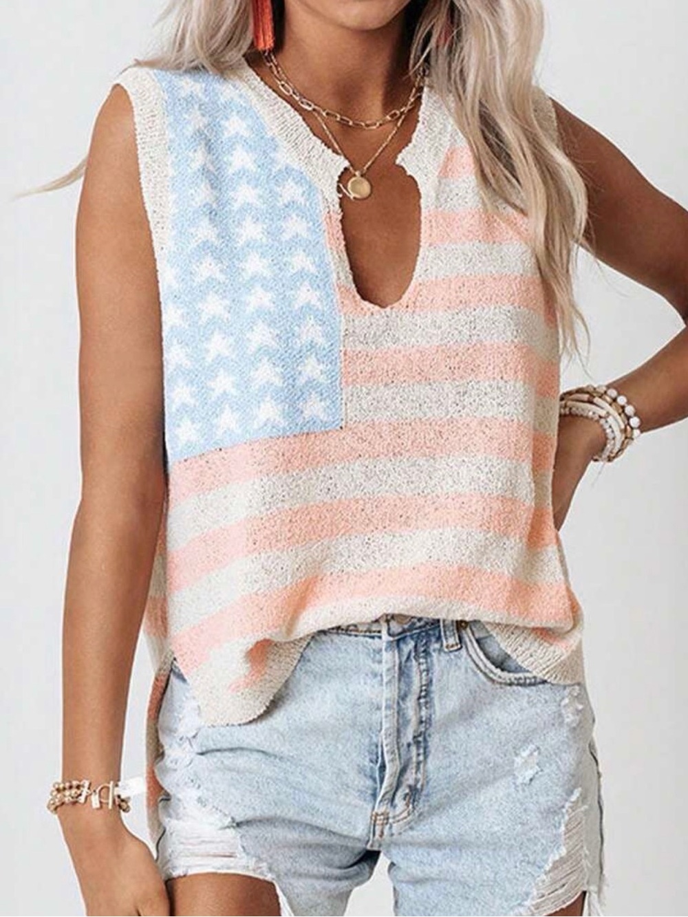 Sleeveless V-Neck American Flag Knit Top in Light red & Blue